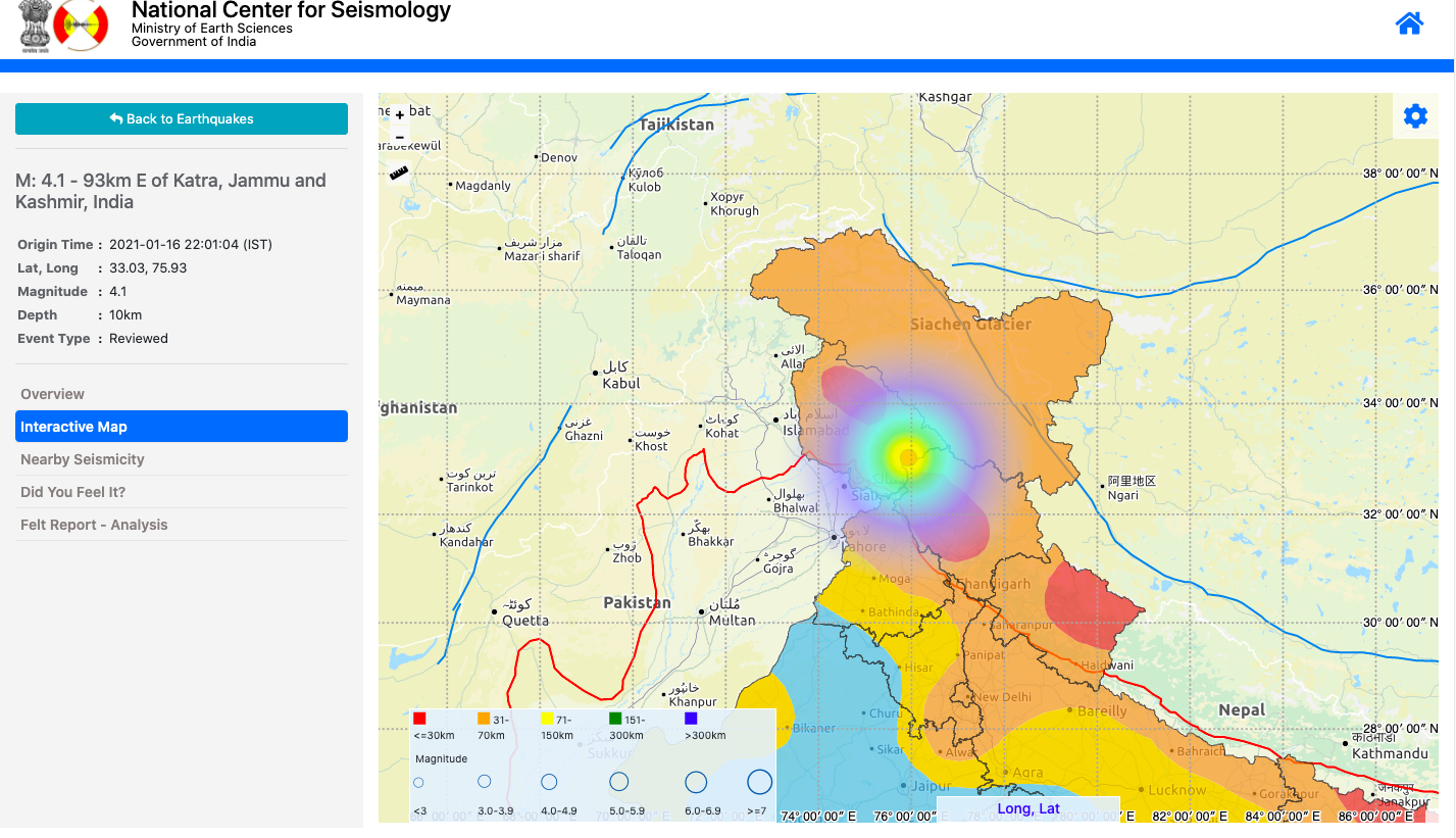 Earthquake : M: 4.1 – 93km E of Katra, Jammu, and Kashmir, India