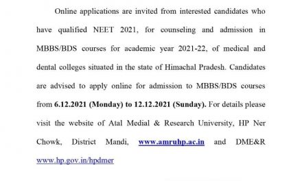 Counselling and Admission for MBBS and BDS Programmes for the Academic year 2021-22 in Himachal Pradesh