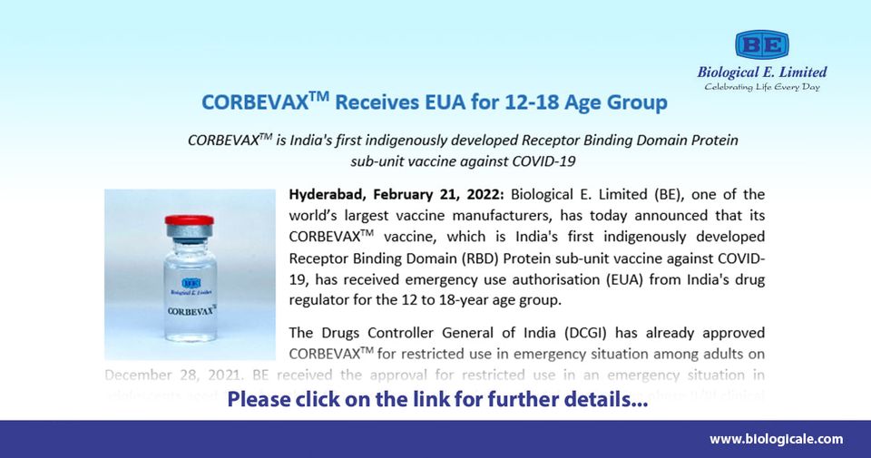 CORBEVAX RECEIVES EUA FOR 12-18 AGE GROUP