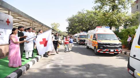 Dr Mansukh Mandaviya, Union Health Minister Flags off Indian Red Cross Society Ambulances