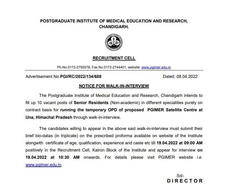 POSTGRADUATE INSTITUTE OF MEDICAL EDUCATION AND RESEARCH, CHANDIGARH-NOTICE FOR WALK-IN-INTERVIEW