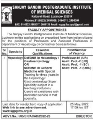 Sanjay Gandhi Postgraduate Institute of Medical Sciences -Recruitment