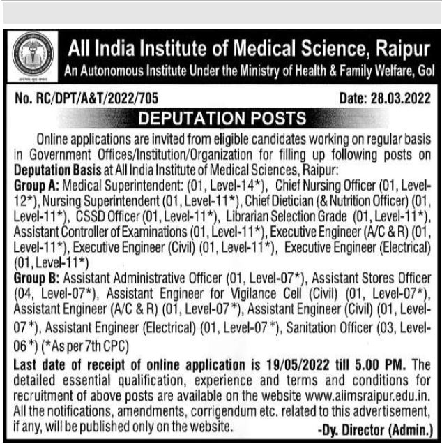 All India Institute of Medical Sciences Raipur- Deputation Posts