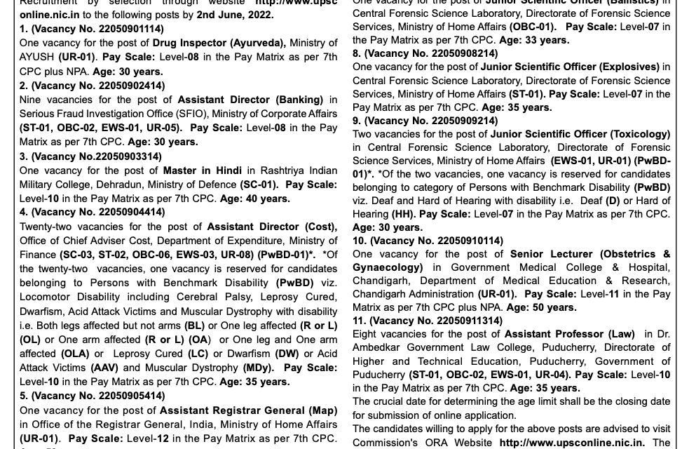 Union Public Service Commission New Delhi-Recruitment