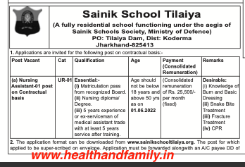 Sainik School Tilaiya-Recruitment