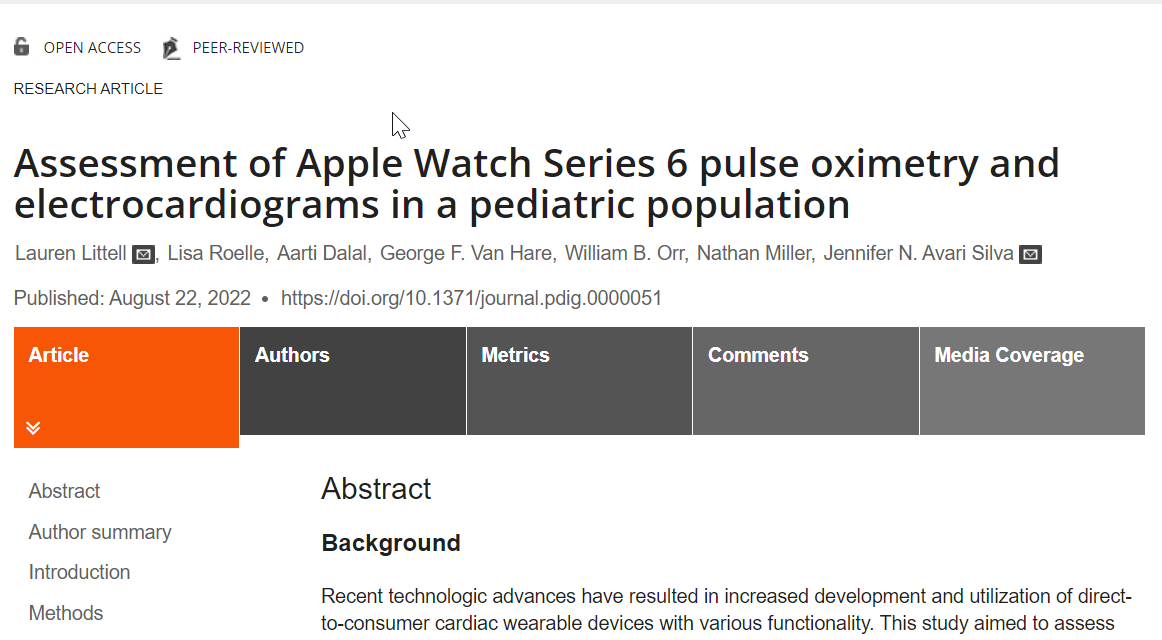 Assessment of Apple Watch Series 6 pulse oximetry and electrocardiograms in a pediatric population | PLOS Digital Health