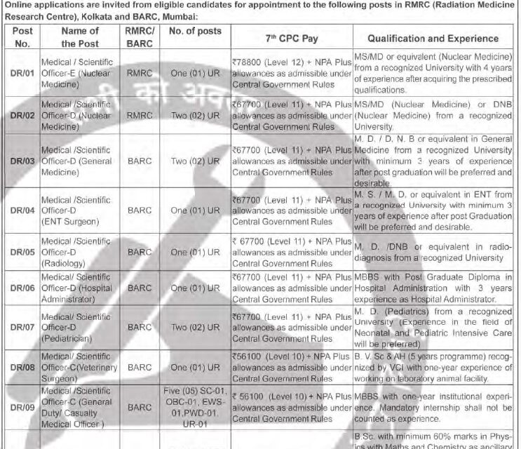 Nuclear Medicine post in Bhabha Atomic Reserach Centre