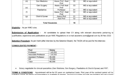 Applications are invited for teaching faculty at ARMY COLLEGE OF MEDICAL SCIENCES