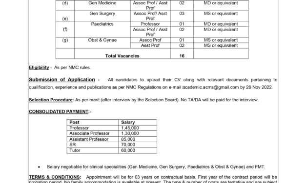 Applications are invited for teaching faculty at ARMY COLLEGE OF MEDICAL SCIENCES