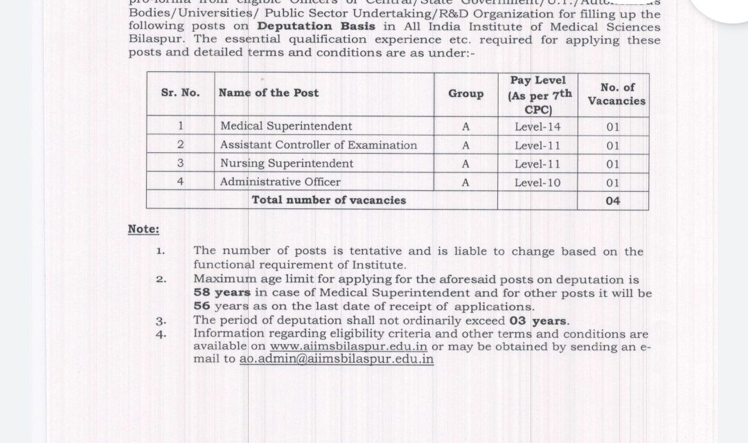 Recruitment of various group A posts on deputation basis at AIIMS bilaspur Himachal Pradeah