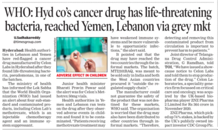 WHO: Hyd co’s cancer drug has life-threatening bacteria, reached Yemen, Lebanon via grey mkt