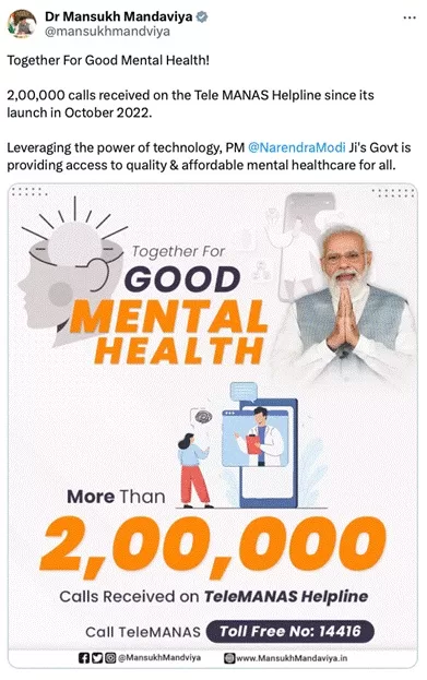 India crosses a significant milestone for The National Tele Mental Health Programme of India: Over 200,000 calls received on the Tele-MANAS Helpline since its launch in October 2022