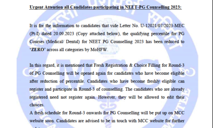 The Health Ministry has lowered the NEET PG 2023 cutoff percentile to zero