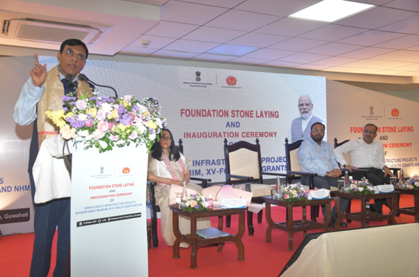 Dr. Mansukh Mandaviya, the Union Health Minister, commences the construction and unveils various infrastructure initiatives funded by PM-ABHIM, NHM, and XV-FC Health Grants