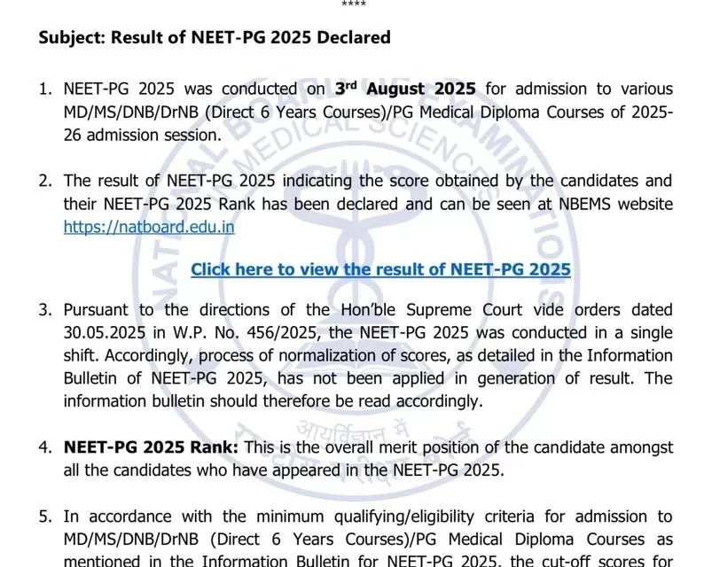 NEET PG 2025 Results Announced: Over 1.28 Lakh Candidates Qualify, No Normalisation Applied